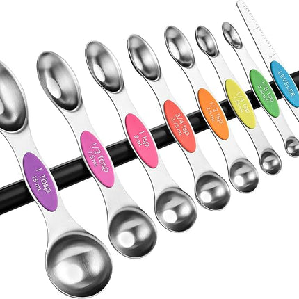 Spring Chef Stainless Steel Magnetic Measuring Spoons Set of 8 with Leveler, Nesting Metal Teaspoon & Tablespoon Measuring Spoons, Kitchen Gadgets for Baking & Cooking, Fits in Most Spice Jars - Neon