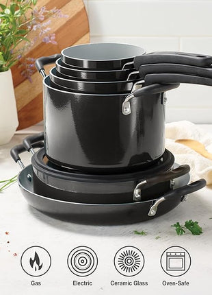 Tramontina Ceramic Non Stick 11-Piece Nesting Pots and Pans Set with Lids - Stackable Nonstick Cookware Set, Dishwasher and Oven Safe, Dark Gray