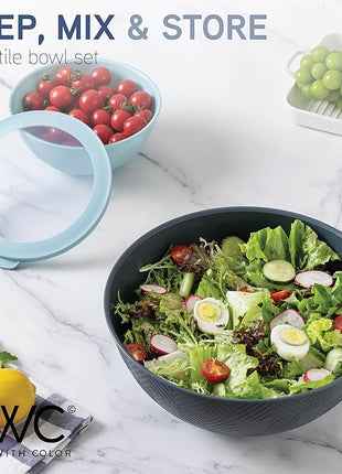 COOK WITH COLOR Mixing Bowls with Lids - 12 Piece Plastic Nesting Bowls Set includes 6 Prep Bowls and 6 Lids, Rhombus Design - Microwave Safe (Blue)