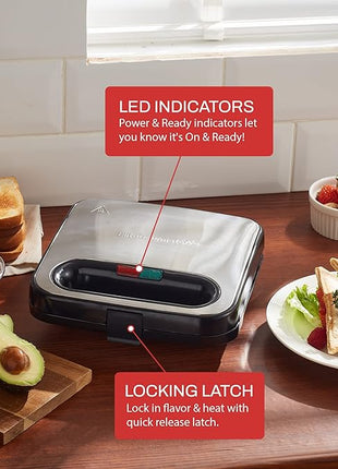 Elite Gourmet ESM2207XSS Sandwich Panini Maker Grilled Cheese, Machine Tuna Melt Omelets Non-stick Cooking Surface, 2 Slice, 750 Watts, Stainless Steel