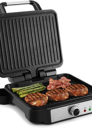 MONXOOK Panini Press Sandwich Maker, 4 Slices Panini Grill Non-Stick Coated Plates, Panini Makers with Temperature Control, Opens 180 Degrees, Removable Drip Tray, 1400W, Stainless Steel