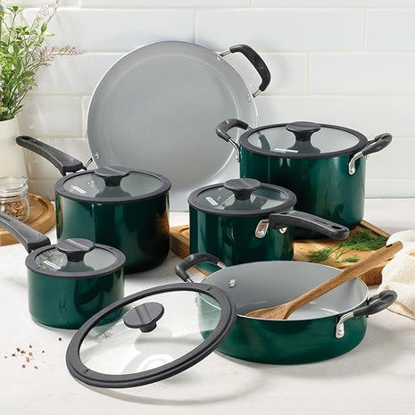 Tramontina Ceramic Non Stick 11-Piece Nesting Pots and Pans Set with Lids - Stackable Nonstick Cookware Set, Dishwasher and Oven Safe, Teal