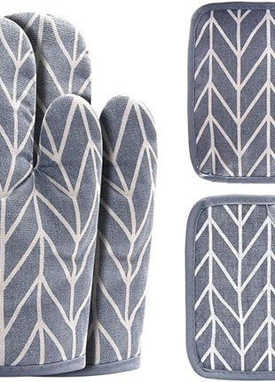 Oven Mitts and Potholders BBQ Gloves-Oven Mitts and Pot Holders Sets with Recycled Cotton Infill Silicone Non-Slip Cooking Gloves for Cooking Baking Grilling (4-Piece Set,Grey)