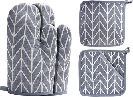 Oven Mitts and Potholders BBQ Gloves-Oven Mitts and Pot Holders Sets with Recycled Cotton Infill Silicone Non-Slip Cooking Gloves for Cooking Baking Grilling (4-Piece Set,Grey)