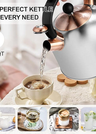 SUSTEAS Tea Kettle - 3.17QT Whistling Kettle with Ergonomic Handle - Premium Stainless Steel Tea Pots for Stove Top, Chic Vintage Teapot with Composite Base, Work for All Stovetops (Silver)