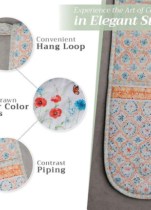 Maison d' Hermine Double Oven Mitts 100% Cotton 7"x35" Double Oven Mitt Heat Resistant BBQ Cooking Gloves with Loop, Baking, Grilling, Home, Kitchen, Handling Hot Pans Spring Summer (Summer Whisper)