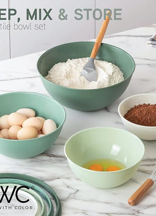 COOK WITH COLOR Mixing Bowls with Non Slip Bottom - 12 Piece Plastic Nesting Bowls Set includes 6 Prep Bowls and 6 Tritan Lids - Microwave Safe (Sage)