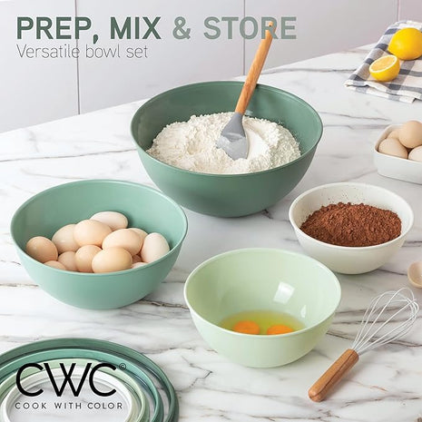 COOK WITH COLOR Mixing Bowls with Non Slip Bottom - 12 Piece Plastic Nesting Bowls Set includes 6 Prep Bowls and 6 Tritan Lids - Microwave Safe (Sage)