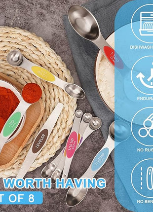 Aovchei 8 PCS Magnetic Measuring Spoons Set, Dual Sided, Stainless Steel Small Tablespoon, Teaspoons, Fits in Spice Jars, for Dry and Liquid, Multi-Color