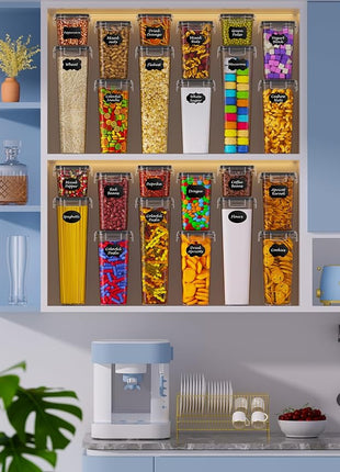 Airtight Food Storage Containers with Lids, 24 PCS Kitchen and Pantry Organization Canisters, BPA-Free, PVC-Free, Food-grade Plastic Leak-proof Jars for Cereal, Flour, Sugar, Extra 24 Labels & Marker