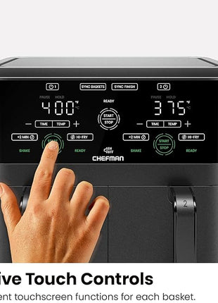 Chefman 6 Quart Dual Basket Air Fryer - Digital Touchscreen, Smart Sync Finish, Hi-Fry, Auto Shutoff, 2 Independent 3QT Nonstick Dishwasher-Safe Frying Baskets - Digital Double Air Fryer - Black