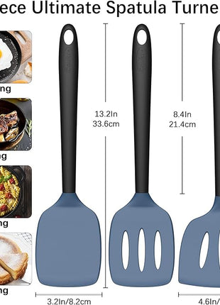 Coukre 3 Pack Silicone Spatula Set, High Heat Resistant, BPA-Free, Fish Spatula, Solid & Slotted Turner for Non-Stick Pans, Flipping Eggs, Pancakes, Fish, Burgers (3, DarkBlueBlack)