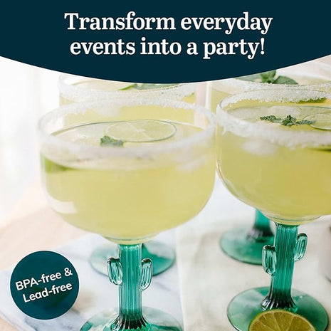 Libbey Cactus Margarita Glasses Set of 4, Durable Green Stemmed Cocktail Glasses, Lead-Free Cactus Glassware, Unique Plant Themed Frozen Margarita Glasses, 16-Ounce