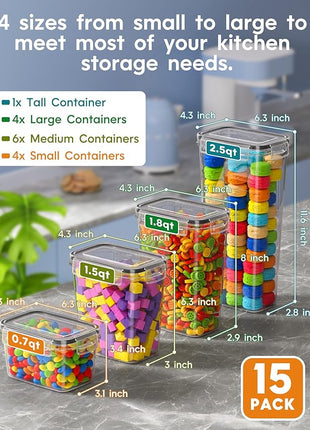 Airtight Food Storage Containers with Lids, 15 PCS Kitchen and Pantry Organization Canisters, BPA-Free, PVC-Free, Food-grade Plastic Leak-proof Jars for Cereal, Flour, Sugar, Extra 24 Labels & Marker