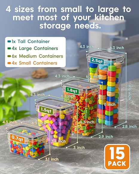 Airtight Food Storage Containers with Lids, 15 PCS Kitchen and Pantry Organization Canisters, BPA-Free, PVC-Free, Food-grade Plastic Leak-proof Jars for Cereal, Flour, Sugar, Extra 24 Labels & Marker