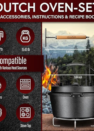 Pre-Seasoned Dutch Oven Set - 5 Quart Cast Iron Dutch Oven Pot with Lid, Fire Pot without Feet for Bread Baking & Cooking - Includes 2-in-1 Lid Lifter, Brush & Recipe Book [for 1-3 People]