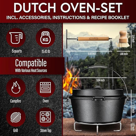 Pre-Seasoned Dutch Oven Set - 5 Quart Cast Iron Dutch Oven Pot with Lid, Fire Pot without Feet for Bread Baking & Cooking - Includes 2-in-1 Lid Lifter, Brush & Recipe Book [for 1-3 People]