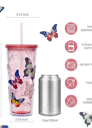 bzyoo Double Wall Tumbler with Straw and Lid Bottle Cold Drink Travel Mug Cup, 24oz (Butterfly Pink)