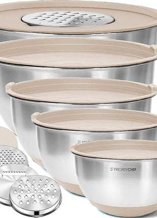 Priority Chef Stainless Steel Mixing Bowls with Lids Set, 3 Grater Attachments, Airtight Lids, Non-Slip Silicone Base Mixing Bowl Set, Large Prep Metal Mixing Bowls for Kitchen, Khaki