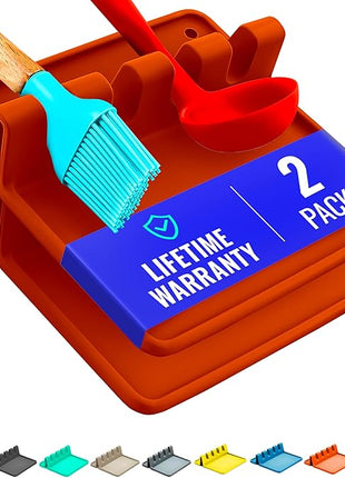 Red Silicone Spoon Rest for Stove Top with Drip Pad (Two Pack) - Heat-Resistant, BPA-Free Utensil Rest & Spoon Holder for Kitchen Counter - Grill Utensil Holder for Spatulas, Tongs, Ladles