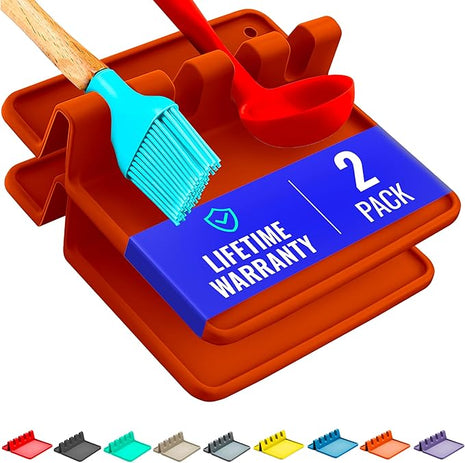 Red Silicone Spoon Rest for Stove Top with Drip Pad (Two Pack) - Heat-Resistant, BPA-Free Utensil Rest & Spoon Holder for Kitchen Counter - Grill Utensil Holder for Spatulas, Tongs, Ladles