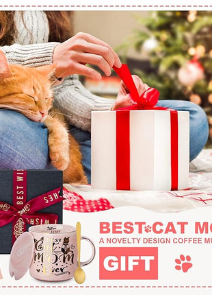 Cat Mom Gifts for Women, Cat Gifts for Cat Lovers - Best Cat Mom Ever - 14oz Pink Ceramic Marble Gold Pattern Coffee Mug with Gift Box, Christmas gifts for Crazy Cat Lady, Mom Wife Daughter Friends