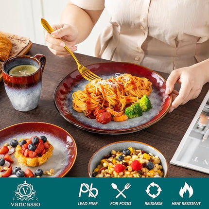 vancasso Starry 16 Pieces Dinnerware Set for 4, Handmade Reactive Glaze Stoneware Plates and Bowls Set, Dishes Set with Mugs for 4, Microwave & Dishwasher Safe, Red