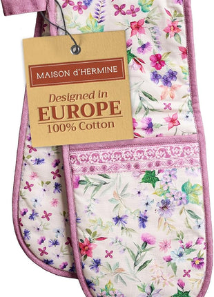 Maison d' Hermine Double Oven Mitts 100% Cotton 7"x35" Double Oven Mitt Heat Resistant BBQ Cooking Gloves with Loop, Baking, Grilling, Home, Kitchen, Handling Hot Pans Spring Summer (Chardon)