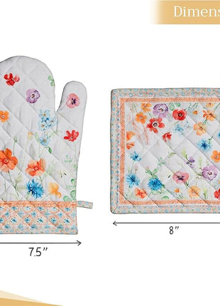 Maison d' Hermine 100% Cotton Oven Mitt & Pot Holder Set (7.5"x13" & 8"x8") Heat Resistant BBQ Cooking Gloves with Loop, Baking, Grilling, Kitchen, Handling Hot Pans Spring/Summer (Summer Whisper)