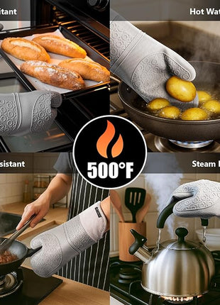 Rorecay 6pcs Oven Mitts and Pot Holders Sets for Kitchen, Extra Long Silicone Oven Gloves High Heat Resistant 500 Degrees Non-Slip Potholders Hot Pads for Baking Cooking, Grey