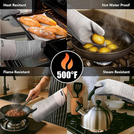 Rorecay 6pcs Oven Mitts and Pot Holders Sets for Kitchen, Extra Long Silicone Oven Gloves High Heat Resistant 500 Degrees Non-Slip Potholders Hot Pads for Baking Cooking, Grey