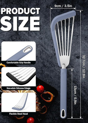 Silicone Fish Spatula Turner Set of 2, Thin Slotted Spatulas Turner for Nonstick Cookware,Heat Resistant Flexible Stainless Steel Kitchen Cooking Spatula Flipper for Fish, Egg, Pancake (BG)
