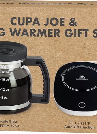 Electric Mug Warmer + Cupa Joe 20oz Diner-Style Mug Gift Set – Borosilicate Glass with Spill-Proof Lid – Unique Coffee Cup for Home, Coworkers, or Desk Use