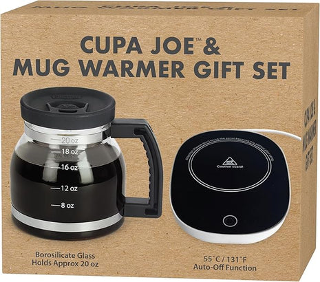 Electric Mug Warmer + Cupa Joe 20oz Diner-Style Mug Gift Set – Borosilicate Glass with Spill-Proof Lid – Unique Coffee Cup for Home, Coworkers, or Desk Use