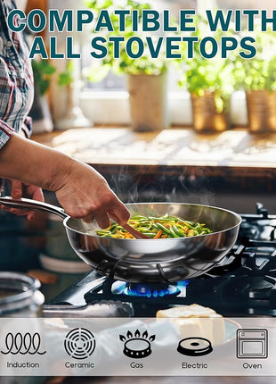 Cooks Standard Multi-Ply Clad Stainless Steel Wok Stir Fry Pan, 10.5 inch Induction Wok with Lid, Flat Bottom Wok, Silver