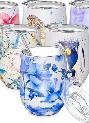 THILY Stainless Steel Insulated Wine Tumbler Stemless Wine Glass with Sliding Lid and Straw, Cute Travel Cup Keep Coffee and Cocktails Cold, Gifts for Women, Her, Iridaceae