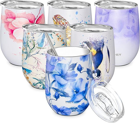 THILY Stainless Steel Insulated Wine Tumbler Stemless Wine Glass with Sliding Lid and Straw, Cute Travel Cup Keep Coffee and Cocktails Cold, Gifts for Women, Her, Iridaceae