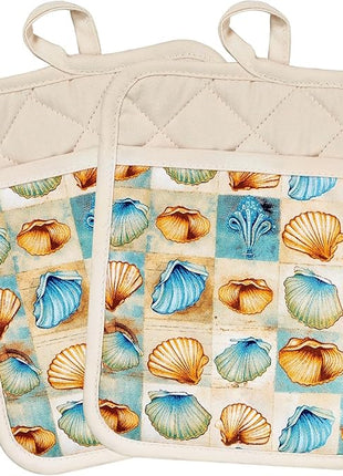 Pot Holders Set of 2 Heat Resistant 480 ℉Non Slip Clear Silicone Printed Comfortable Cotton Lining Kitchen Women Men Cooking Baking Microwave Machine Washable (Shell, Beige potholders)