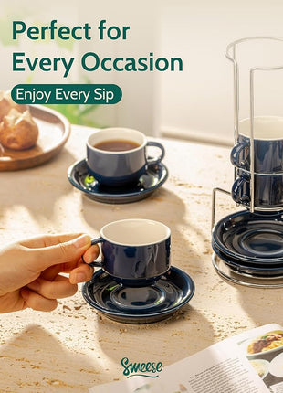 Sweese 2.5 Ounce Porcelain Stackable Espresso Cups with Saucers and Metal Stand Set of 4, Navy