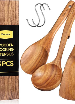 Wooden Spoons for Cooking, Wooden Utensils for Cooking Natural Teak Wooden Kitchen Utensils Set Comfort Grip (3 PCS)