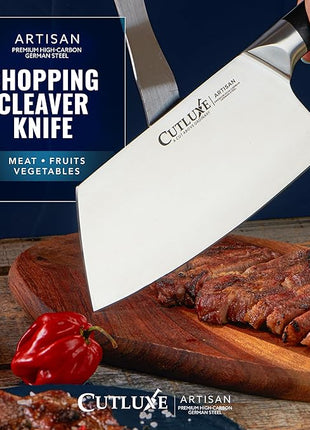 Cutluxe Meat Cleaver Knife - 7" Heavy Cleaver Butcher Knife, Razor Sharp German Steel Blade, Full Tang, Ergonomic Handle Design – Artisan Series