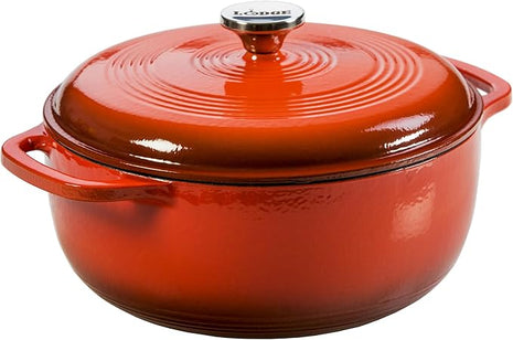 Lodge 6 Quart Enameled Cast Iron Dutch Oven with Lid – Dual Handles – Oven Safe up to 500° F or on Stovetop - Use to Marinate, Cook, Bake, Refrigerate and Serve – Poppy