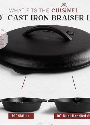 Cuisinel Cast Iron Lid - Fits 10"-Inch Lodge Skillet Frying Pans or Braiser + Silicone Handle Holder + Care Guide - 25.4-cm Pre-Seasoned Universal Replacement Cover - Indoor/Outdoor, Fire, BBQ Safe