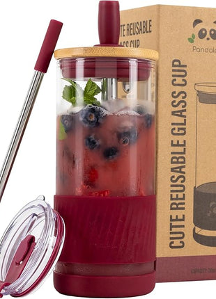 Pandaloo® Glass Cups With Lids and Straws -20 Fl Oz- Perfect Size Iced Coffee Cup - Smoothie Cup With Bamboo Lid and On the go Lid - Glass Tumbler With Straw (1 Count (Pack of 1), Boysenberry)