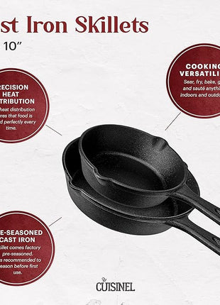 Cast Iron Skillet Set - 8" + 10"-Inch Frying Pans + Glass Lids + Silicone Handle Holder Grip Covers - Pre-Seasoned Oven Safe Cookware - Indoor/Outdoor Use - Grill, BBQ, Fire, Stovetop, Induction Safe