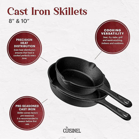Cast Iron Skillet Set - 8" + 10"-Inch Frying Pans + Glass Lids + Silicone Handle Holder Grip Covers - Pre-Seasoned Oven Safe Cookware - Indoor/Outdoor Use - Grill, BBQ, Fire, Stovetop, Induction Safe