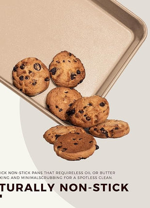 KITESSENSU Baking Pans Sets, Nonstick Bakeware Set 7-Piece with Round/Square Cake Pan, Loaf Pan, Muffin Pan, Cookie Sheet, Roast Pan, Cooling Rack & Silicone Oven Mitts, Carbon Steel Bake Set,Gold