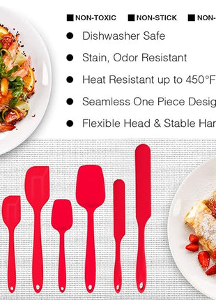 Silicone Spatula Set of 7, P&P CHEF Heat-Resistant Rubber Spatulas Kitchen Utensils Set for Non-stick Cooking Baking Mixing, Seamless & Flexible Design, Dishwasher Safe, Red
