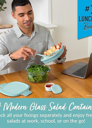 Bentgo Glass All-in-One Salad Container - Large 61-oz Salad Bowl with Lid, 4-Compartment Bento-Style Tray, 3-oz Sauce Container & Reusable Fork - Dishwasher, Microwave, Oven Safe (Coastal Seaglass)