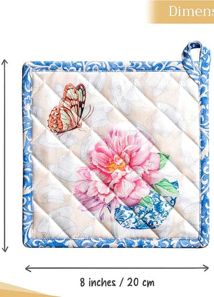 Maison d' Hermine Pot Holders 100% Cotton Heat Resistant Potholders 8" x 8" Hot Pads with Loop BBQ, Cooking, Baking, Grilling, Kitchen, Handling Hot Pans Spring/Summer (Pack of 1, Canton)